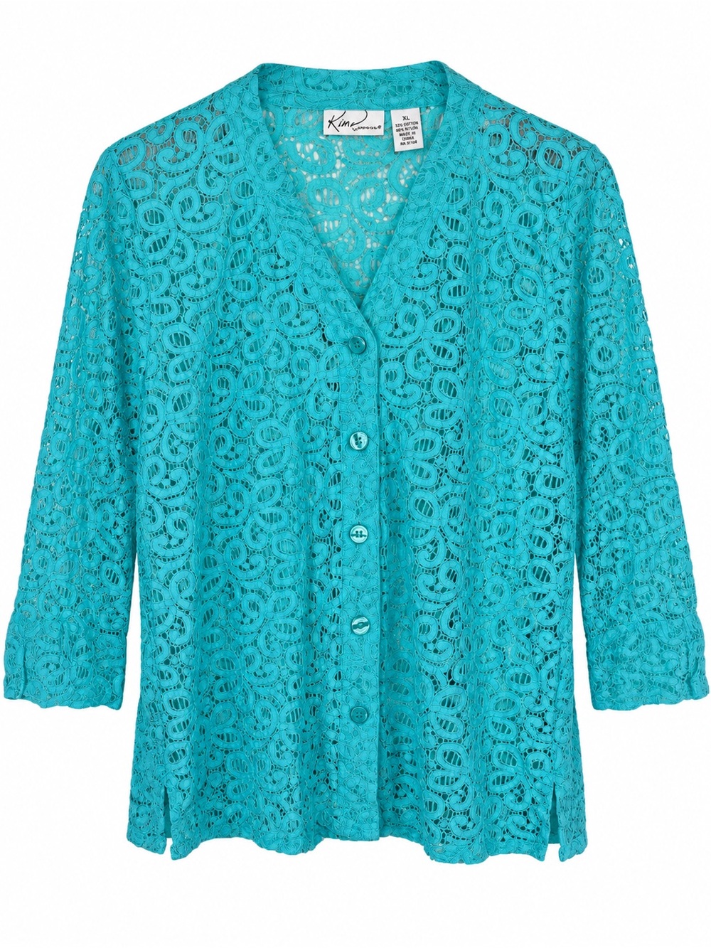 Kim Rogers Teal Lace Button Front Blouse XL 3/4 Sleeve Cotton Nylon Sheer